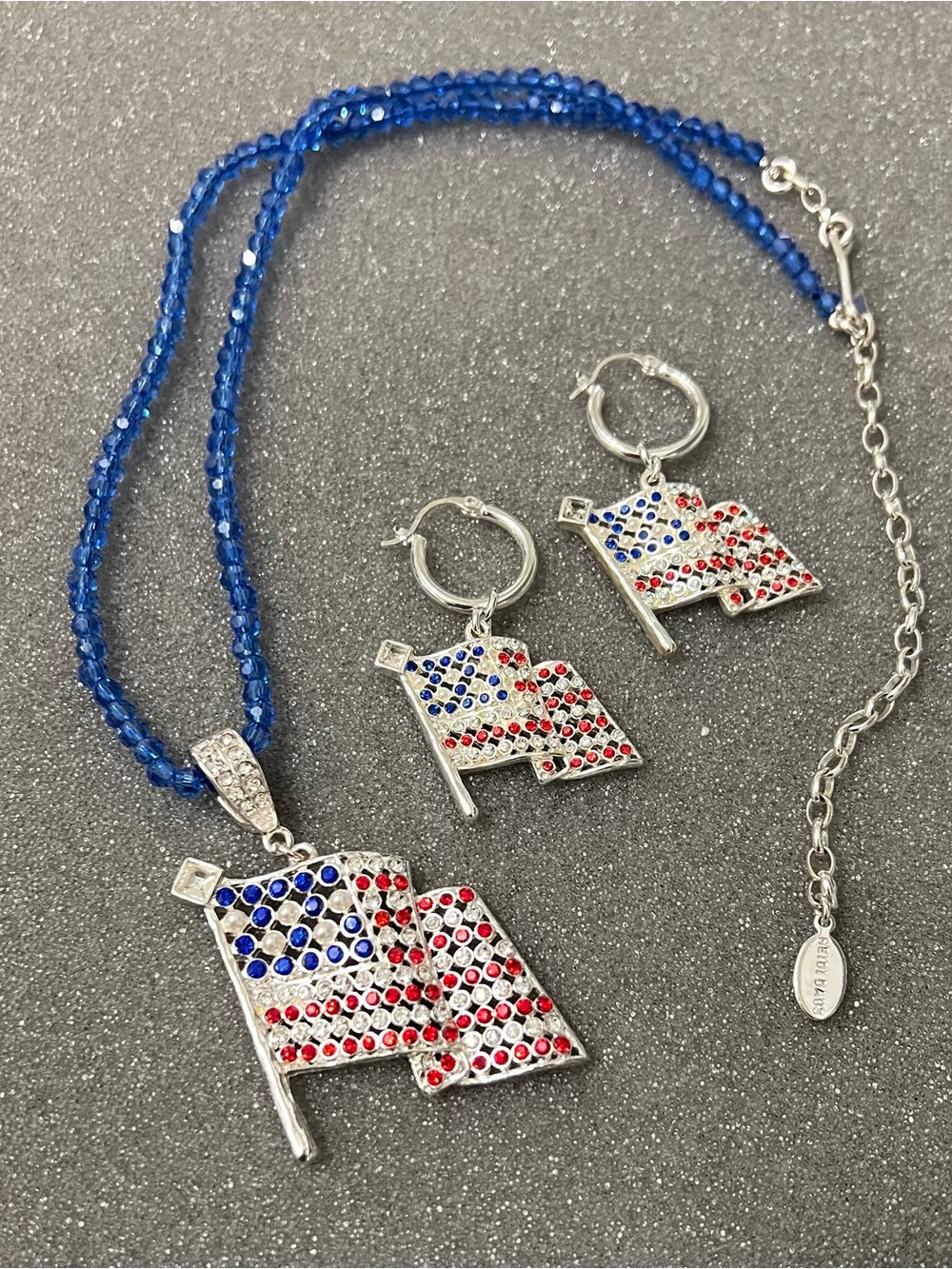 Heidi Daus Patriotic American Flag Necklace & Earrings with Blue Beads New